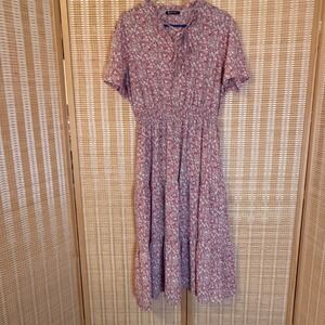 BTFBM Womens Ditsy Floral Smocked Waist Tiered Midi Dress Pink Blue XL